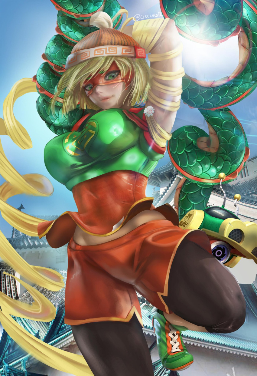 1girl, arms_(game), bangs, beanie, blonde_hair, blunt_bangs, breasts, chinese_clothes