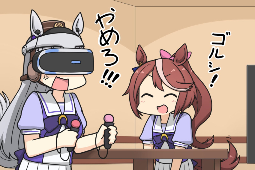 2girls, anger_vein, angry, animal_ears, brown_hair, brown_headwear, closed_eyes, commentary_request