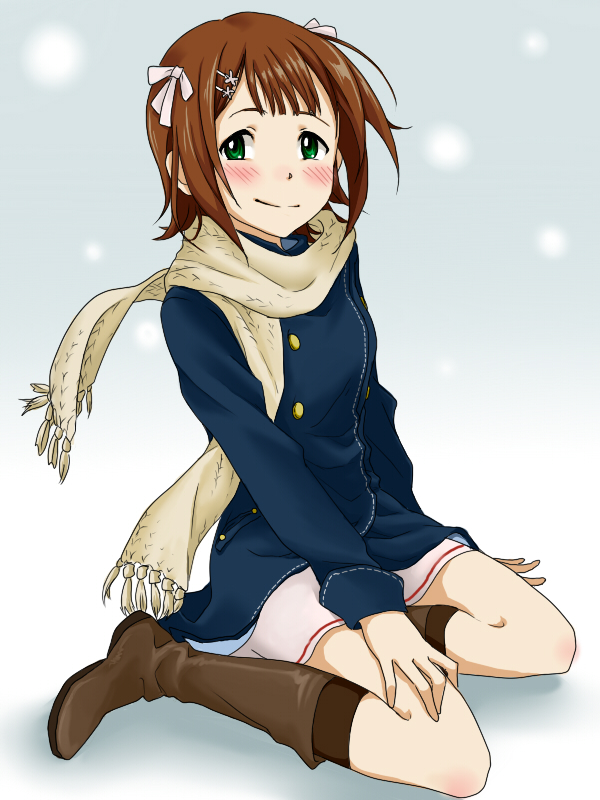 blush, boots, coat, e-n, green_eyes, idolmaster, scarf, short_hair, winter_clothes