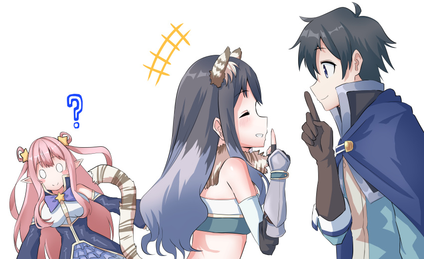 1boy, 2girls, ?, absurdres, animal_ear_fluff, animal_ears, bangs, bare_shoulders