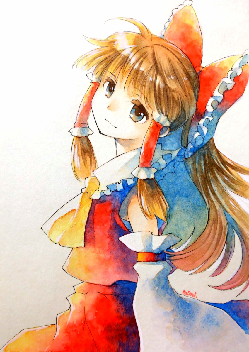 1girl, artist_name, ascot, bow, brown_eyes, brown_hair, detached_sleeves, frills