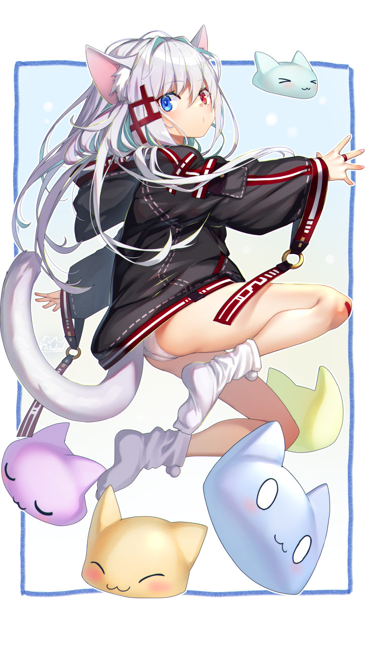 0w0, 1girl, :3, ^_^, animal_ear_fluff, animal_ears, bandaid, bandaid_on_knee, blue_eyes, cat_ears, cat_tail, closed_eyes, full_body, heterochromia, highres, hood, hood_down, hoodie, long_hair, mitake_eil, no_pants, original, panties, red_eyes, silver_hair, socks, tail, underwear, white_legwear, wide_sleeves