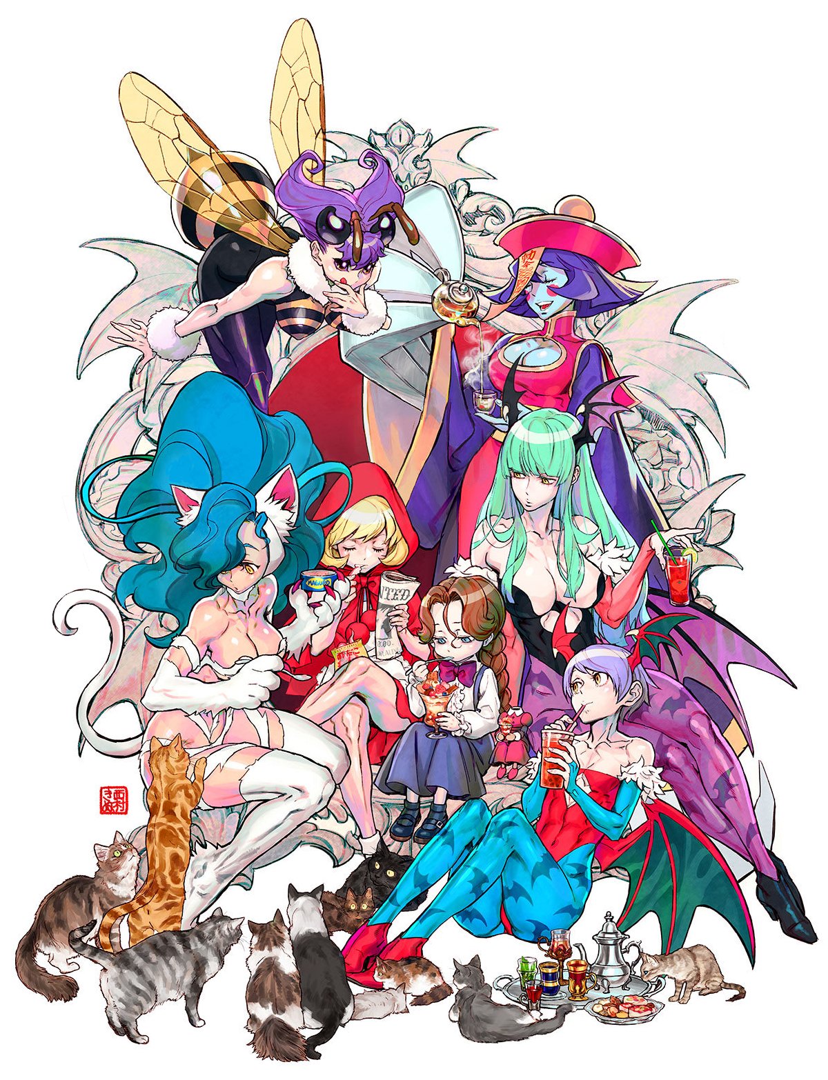 6+girls, abs, animal_ears, animal_print, anita_(vampire), bat_print, bat_wings, big_hair
