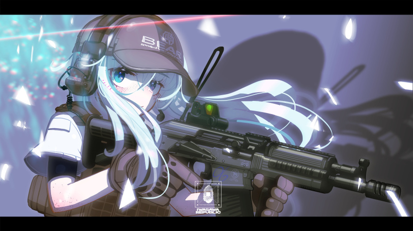 1girl, abstract_background, absurdres, assault_rifle, bangs, blue_eyes, brown_vest, closed_mouth