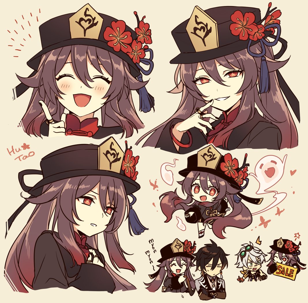 1girl, 2boys, :d, ;q, ^^^, bennett_(genshin_impact), black_footwear, black_hair, black_headwear, black_nails, bracelet, branch, brown_hair, bug, butterfly, character_name, chibi, closed_eyes, commentary, crossed_arms, earrings, eyebrows_behind_hair, face, fang, flower, flower-shaped_pupils, genshin_impact, ghost, goggles, goggles_on_head, gradient_hair, green_eyes, hair_between_eyes, hair_flaps, hand_on_own_chest, hand_up, happy, hat, hat_flower, hat_ornament, hitodama, holding, holding_sign, hu_tao, index_finger_raised, insect, jewelry, kokotendon, long_hair, long_sleeves, looking_at_viewer, looking_back, mandarin_collar, multicolored_hair, multiple_boys, multiple_views, nail_polish, no_nose, one_eye_closed, open_mouth, orange_hair, outstretched_arms, playing_with_another's_hair, plum_blossoms, ponytail, red_eyes, red_flower, redhead, ring, short_hair, sign, single_earring, skin_fang, smile, socks, solo_focus, spread_arms, star_(symbol), sweatdrop, symbol-shaped_pupils, symbol_commentary, tassel, tassel_earrings, thumb_ring, tongue, tongue_out, twintails, white_hair, white_legwear, zhongli_(genshin_impact)