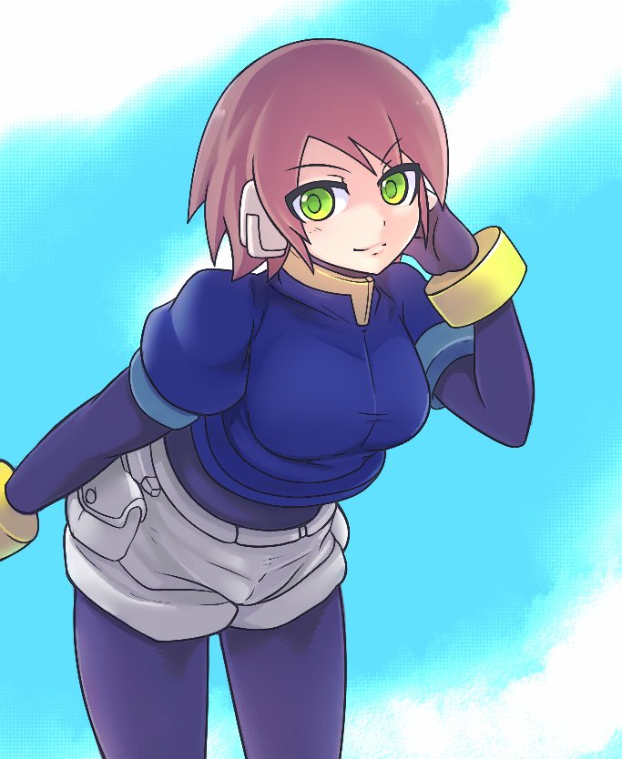 1girl, aile_(mega_man_zx), aile_(rockman), bodystocking, bracelet, breasts, brown_hair, closed_mouth