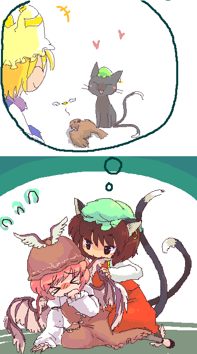 animal, animal_ears, bad_id, biting, cat_ears, cat_tail, chen, chen_(cat)