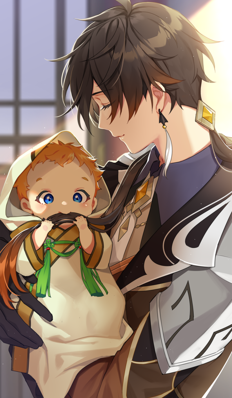 2boys, baby, bangs, black_gloves, black_hair, blue_eyes, brown_hair, chisuke_1104, closed_eyes, closed_mouth, fatherly, genshin_impact, gloves, gradient_hair, hair_in_mouth, hair_ornament, highres, jacket, jewelry, long_hair, long_sleeves, male_focus, mouth_hold, multicolored_hair, multiple_boys, orange_hair, ponytail, single_earring, tartaglia_(genshin_impact), tassel, upper_body, younger, zhongli_(genshin_impact)