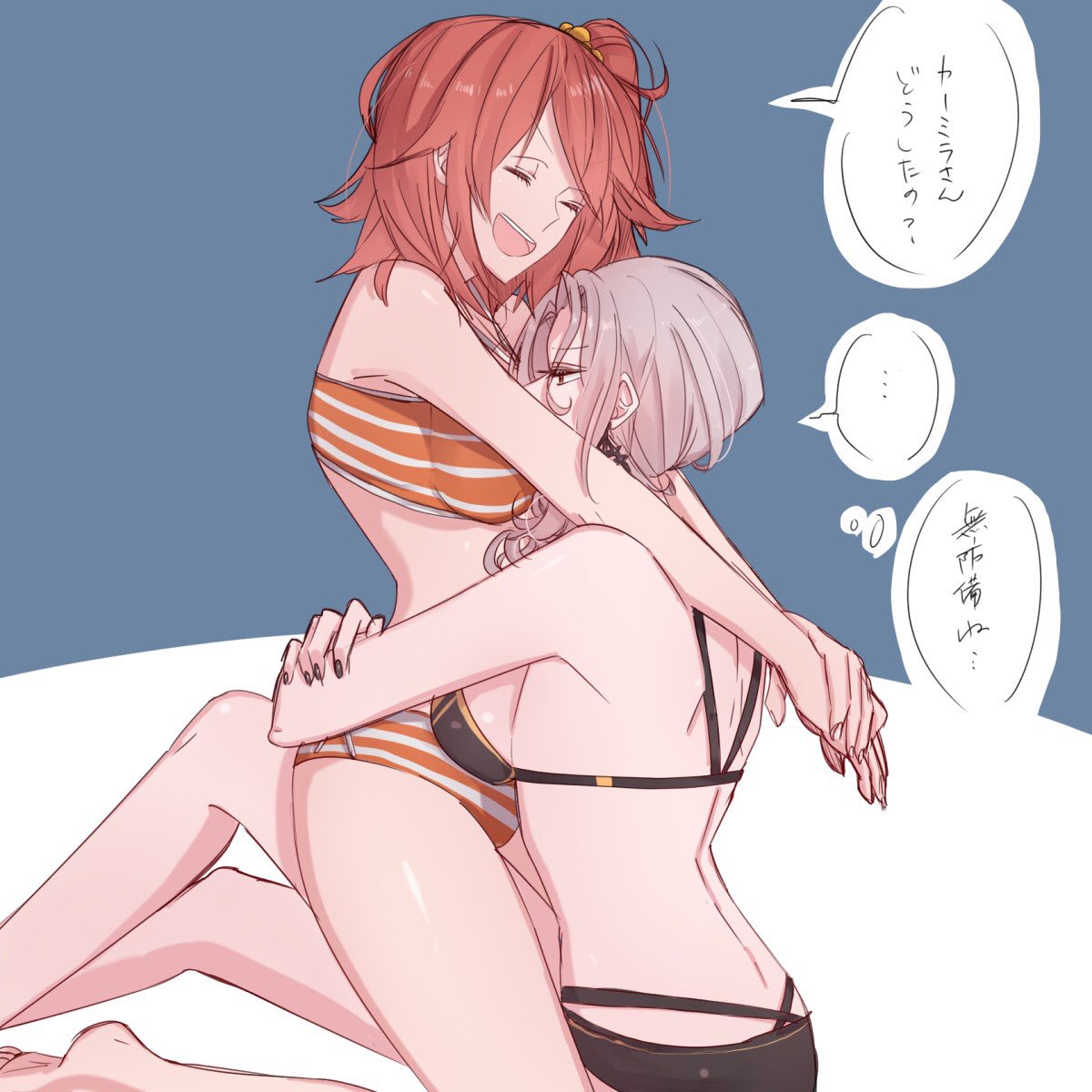 ..., 2girls, arms_around_neck, bangs, bare_shoulders, between_breasts, bikini, black_bikini