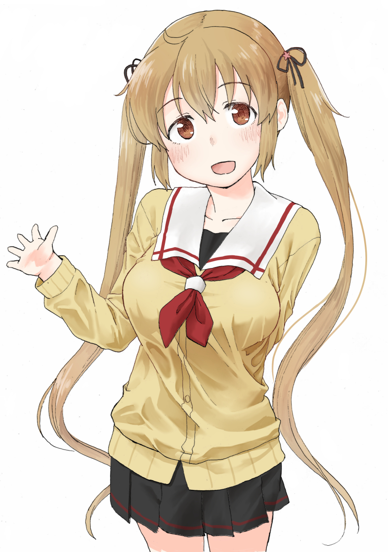 1girl, arm_behind_back, bangs, black_skirt, blush, breasts, brown_eyes, hair_ribbon