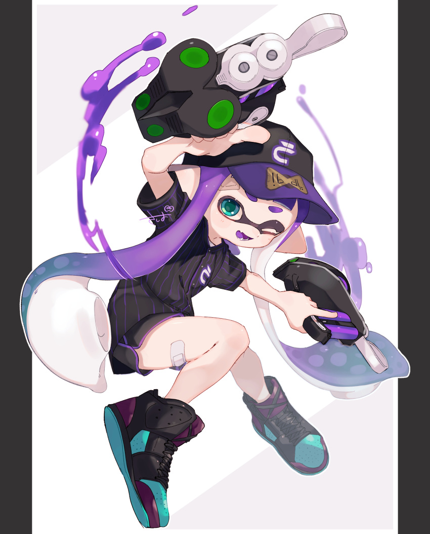 1girl, absurdres, aqua_eyes, artist_name, bandaid, bandaid_on_forehead, bandaid_on_leg, bangs