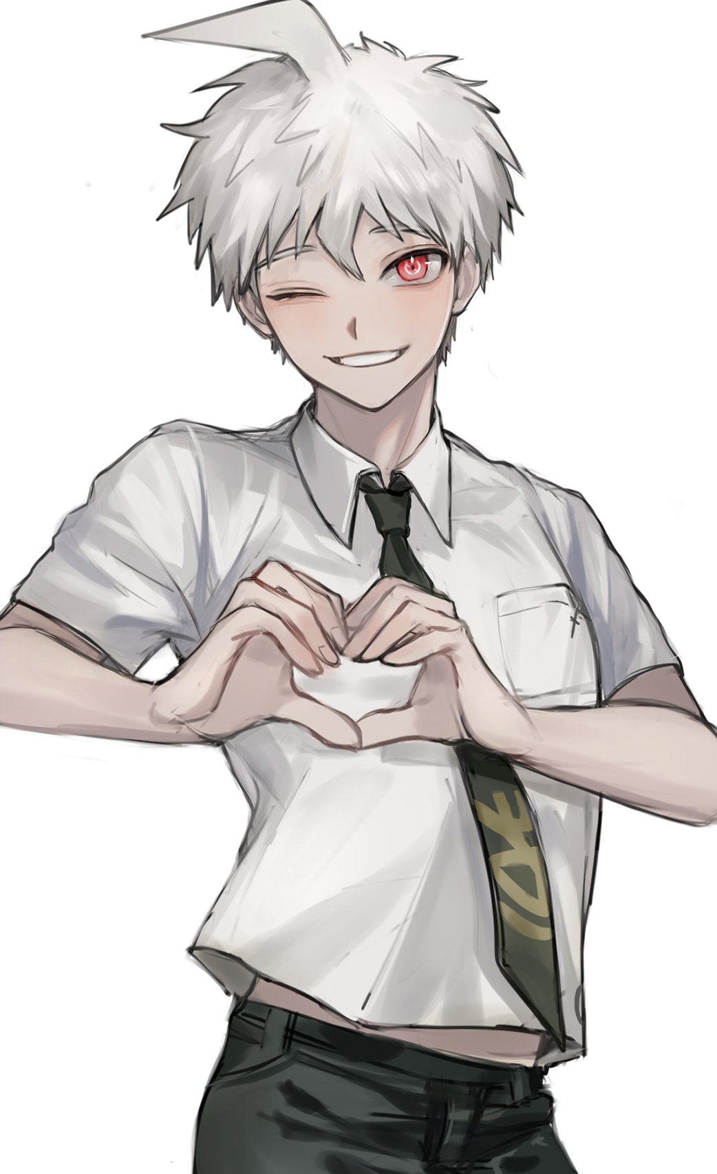 ahoge, bangs, blush, collared_shirt, contrapposto, dangan_ronpa_(series), dangan_ronpa_2:_goodbye_despair, green_neckwear