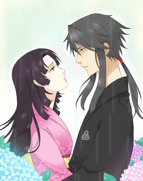 1girl, anag0, azai_nagamasa, black_hair, couple, flower, grey_eyes, hydrangea