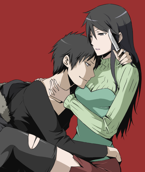 1girl, anag0, black_hair, couple, durarara!!, jewelry, knife, long_hair