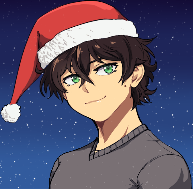 1boy, bangs, brown_hair, crossed_bangs, english_commentary, fur-trimmed_headwear, green_eyes, grey_sweater