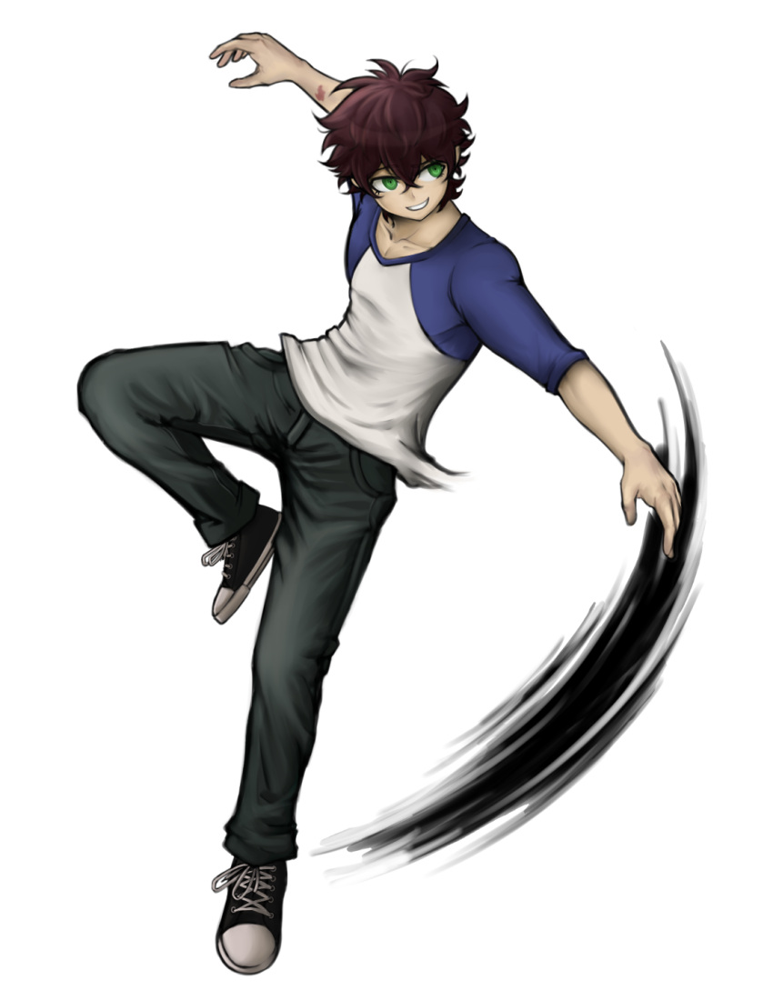 1boy, arm_up, bangs, black_footwear, black_pants, blue_shirt, brown_hair, collarbone