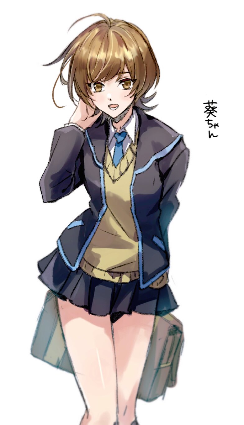 1girl, adjusting_hair, bare_legs, black_jacket, black_skirt, blue_neckwear, brown_eyes, brown_hair