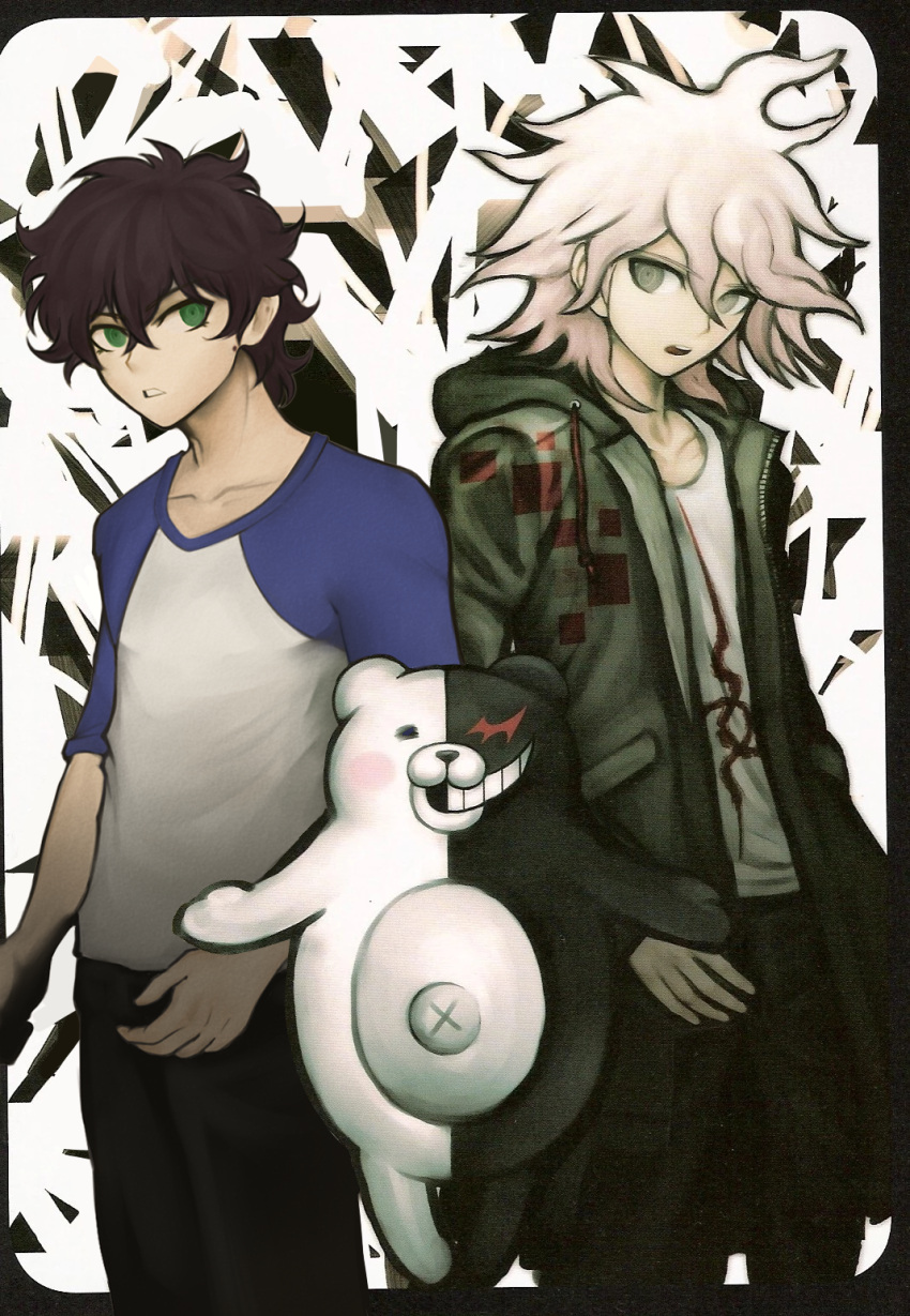 2boys, arms_at_sides, bangs, black_border, black_pants, blue_shirt, border, brown_hair