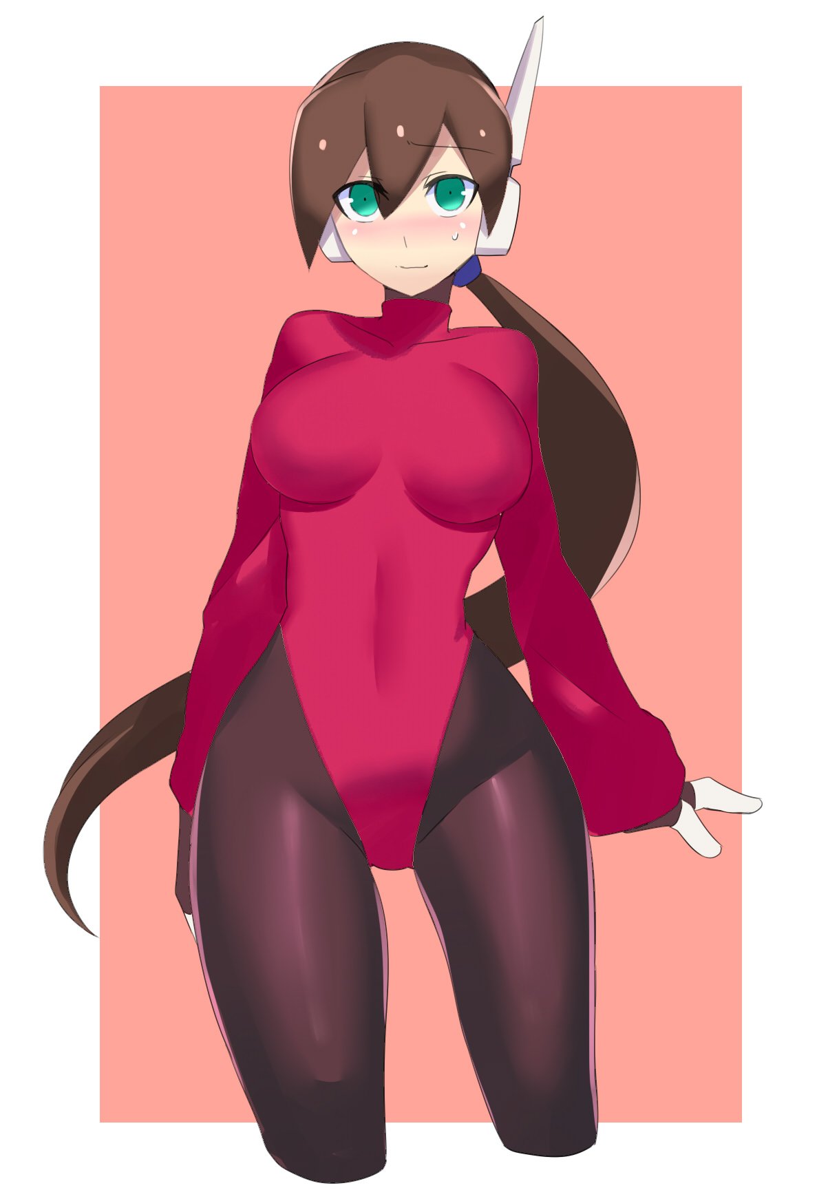 1girl, aile_(rockman), android, blush, bodystocking, breasts, brown_hair, closed_mouth