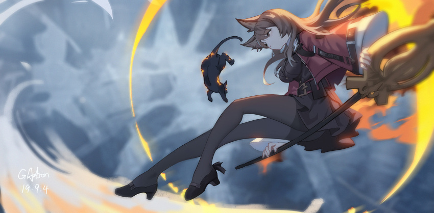 1girl, adson-(biao_di), animal_ears, arknights, belt, black_cat, brown_eyes, brown_hair