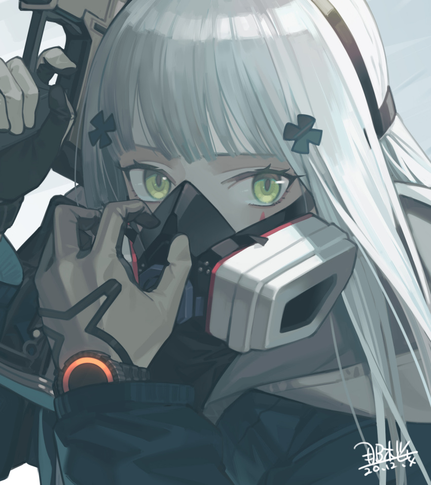 agent_416_(girls_frontline), black_gloves, blue_coat, coat, cropped, dated, facial_mark, gas_mask