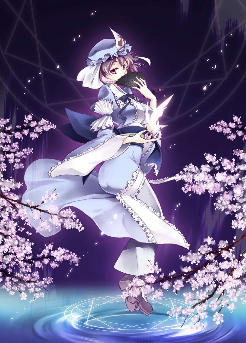 cherry_blossoms, fan, hat, highres, japanese_clothes, magic_circle, pink_hair, red_eyes