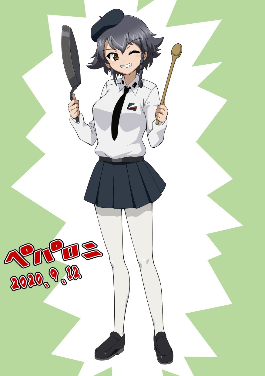 1girl, anzio_school_uniform, bangs, belt, beret, black_belt, black_footwear, black_hair