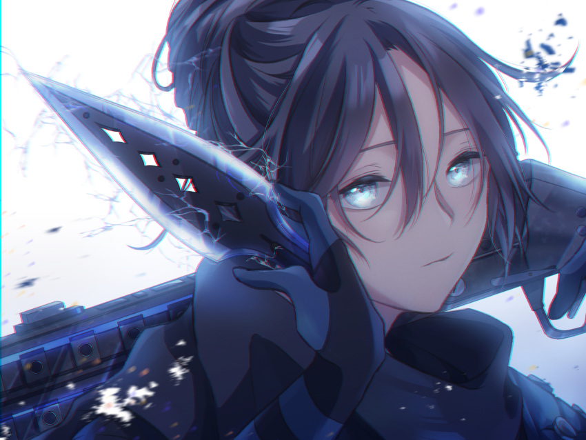 1girl, apex_legends, backlighting, bangs, black_hair, black_scarf, blue_gloves, close-up