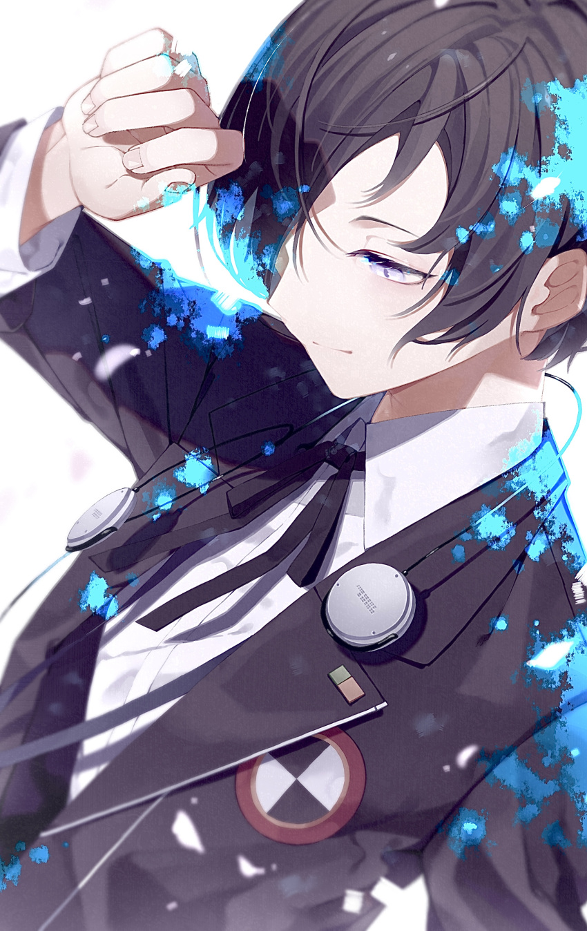 1boy, absurdres, black_jacket, black_ribbon, blue_hair, collared_shirt, gekkoukan_high_school_uniform, grey_eyes