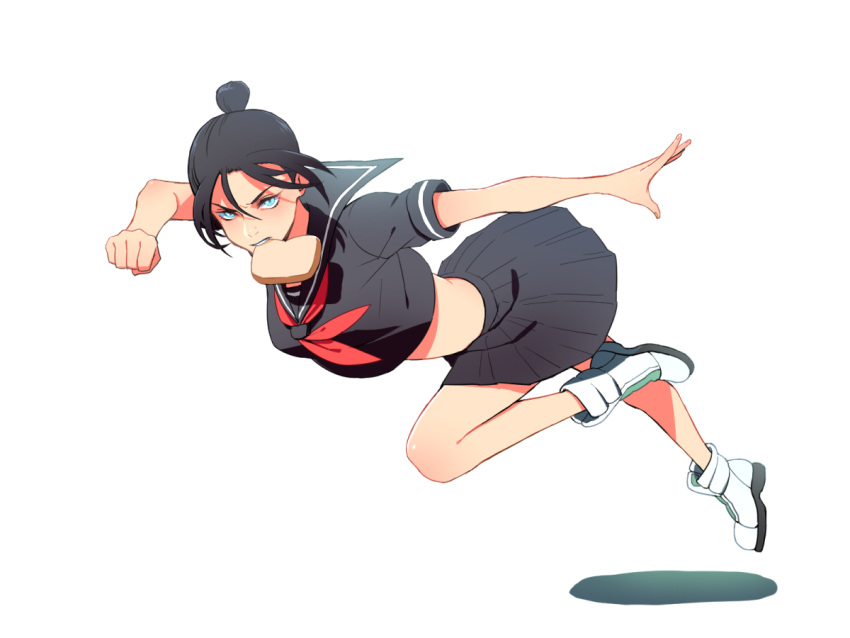 1girl, airborne, alternate_costume, apex_legends, black_hair, black_serafuku, black_skirt, blue_eyes