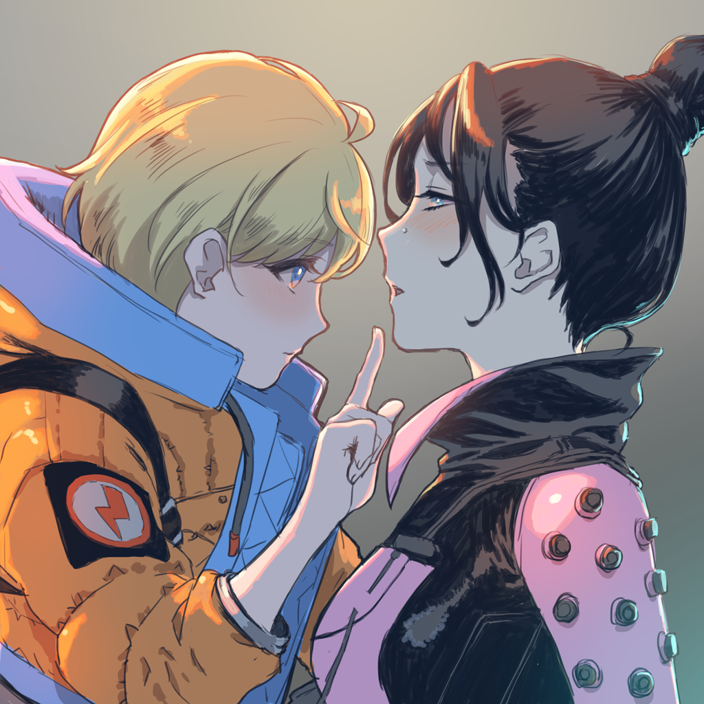 2girls, apex_legends, black_hair, blonde_hair, blue_eyes, blush, bodysuit, from_side