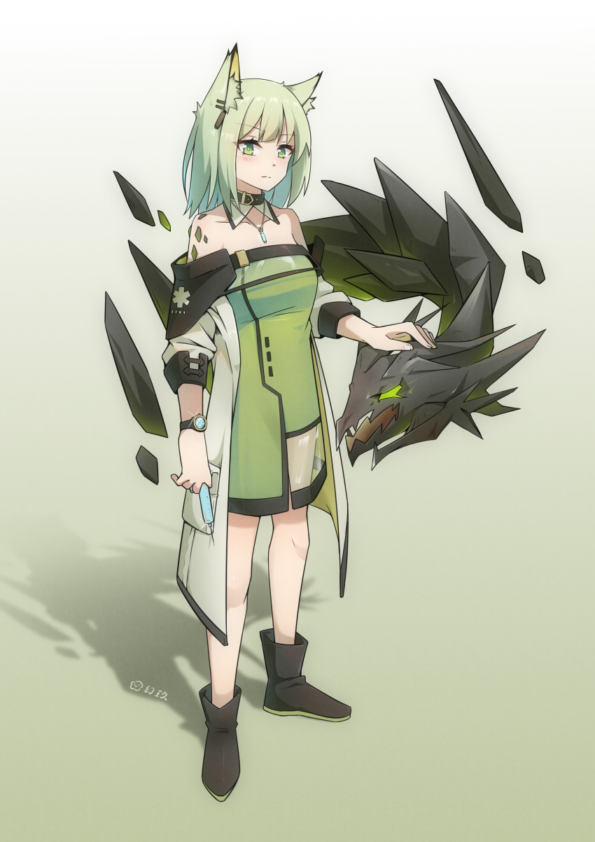 1girl, 1other, absurdres, amulet, animal_ear_fluff, arknights, artist_name, black_footwear