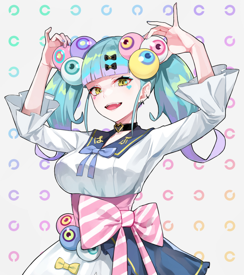 :d, arms_up, bangs, black_bow, black_choker, blue_hair, blush, bow