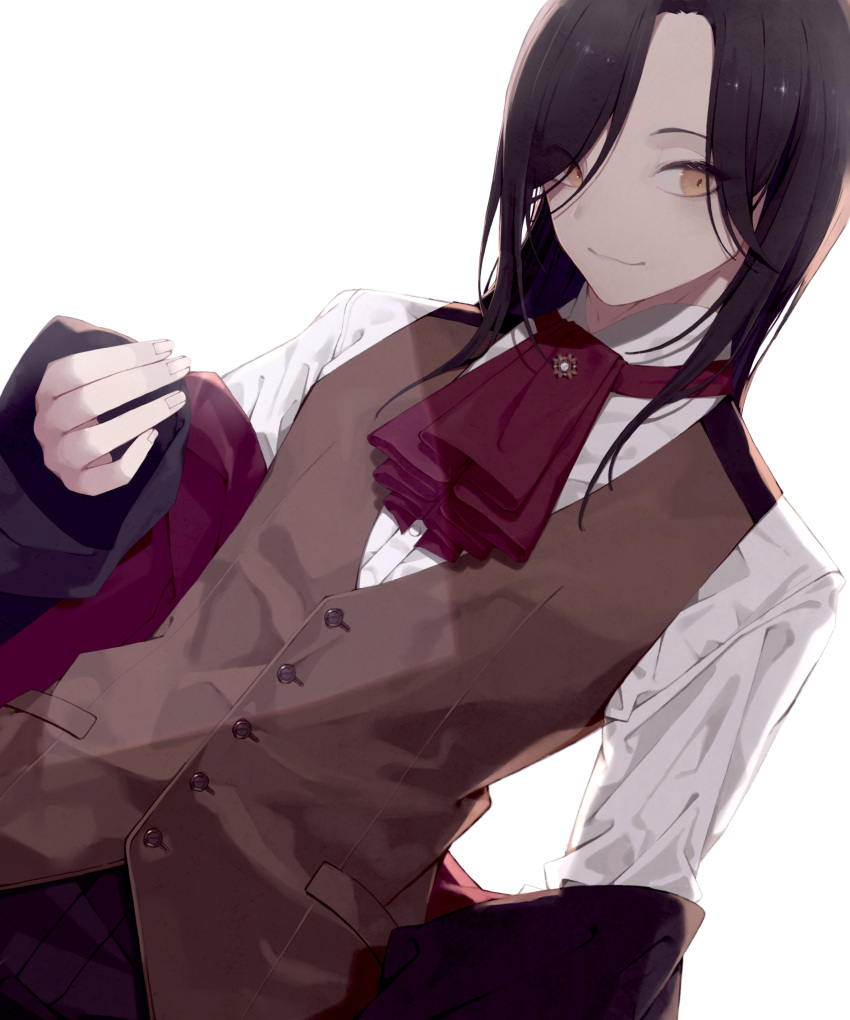 1boy, absurdres, ascot, black_hair, brown_vest, collared_shirt, dutch_angle, hair_over_one_eye