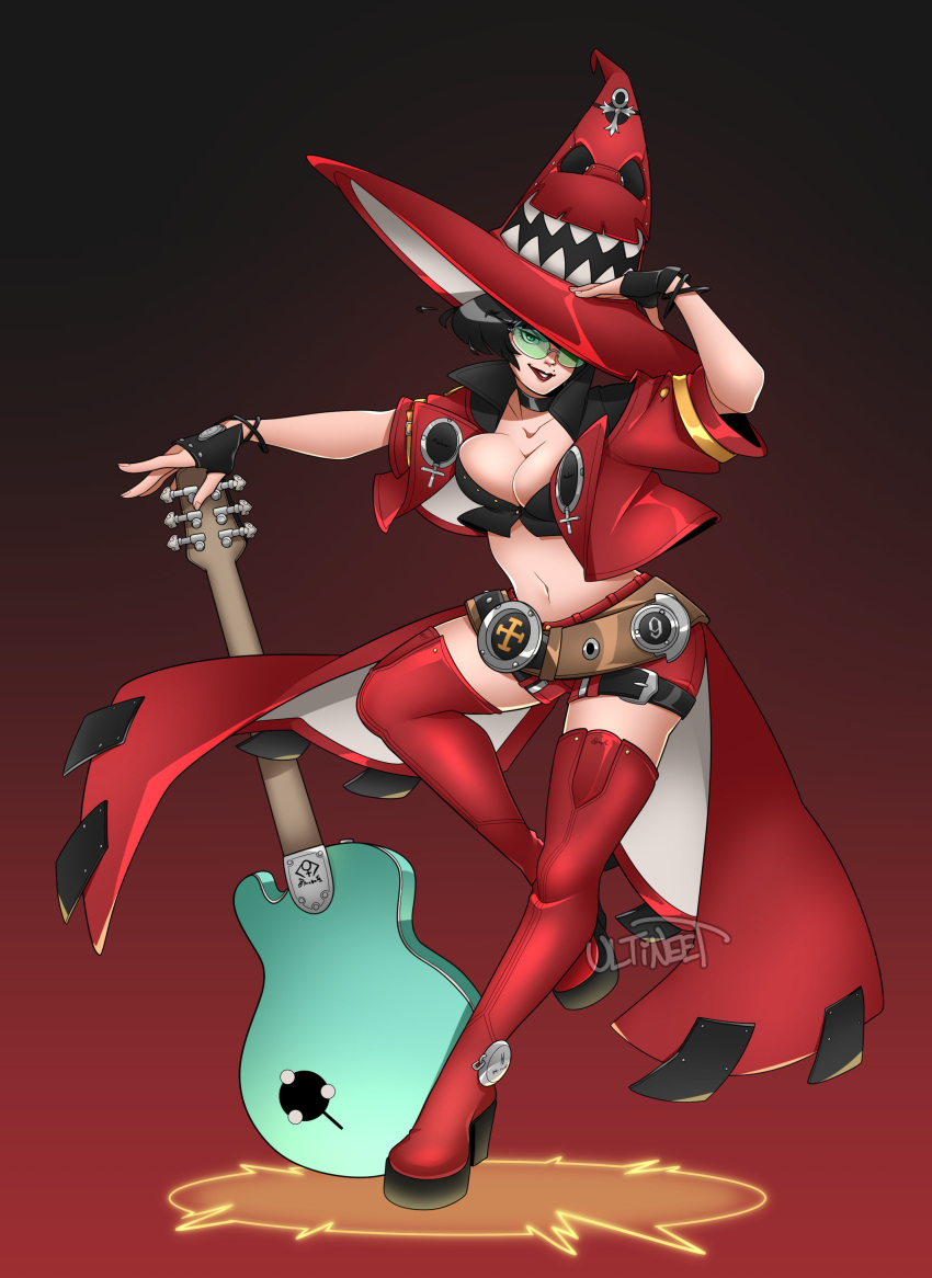 1girl, absurdres, bangs, belt_buckle, boots, buckle, electric_guitar, guilty_gear
