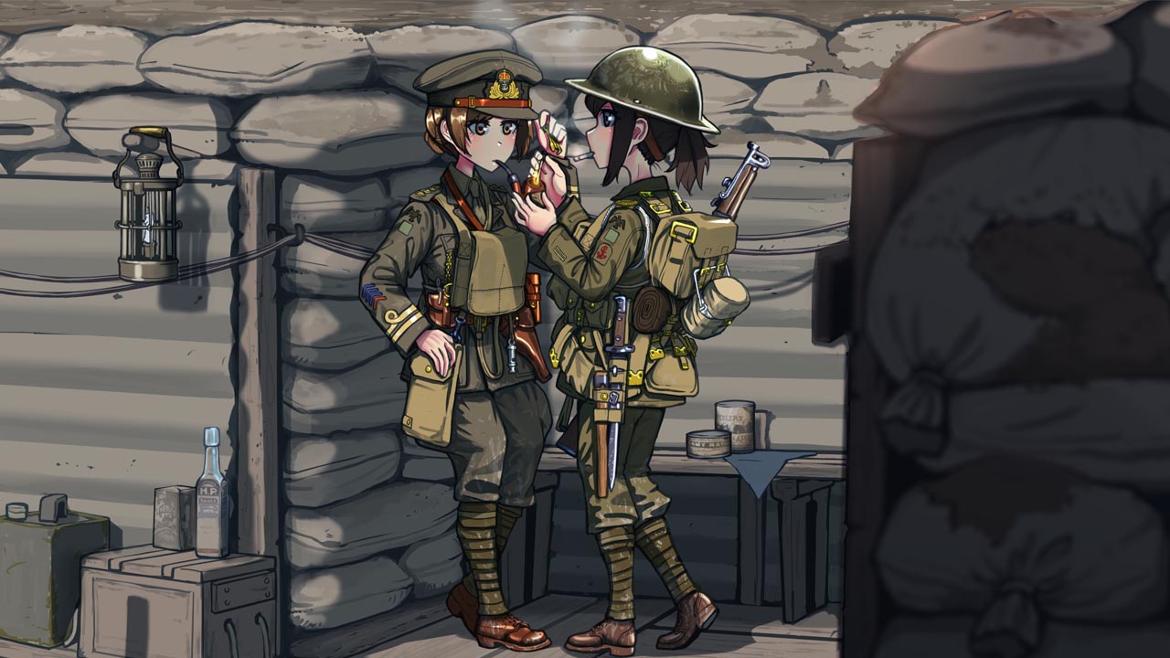 2girls, bayonet, black_hair, brown_eyes, brown_hair, cigarette, commentary, commission, erica_(naze1940), glass_bottle, gun, helmet, lantern, lee-enfield, military, military_uniform, multiple_girls, officer, pipe, rifle, sandbag, soldier, tagme, tin_can, trench, uniform, weapon, world_war_1
