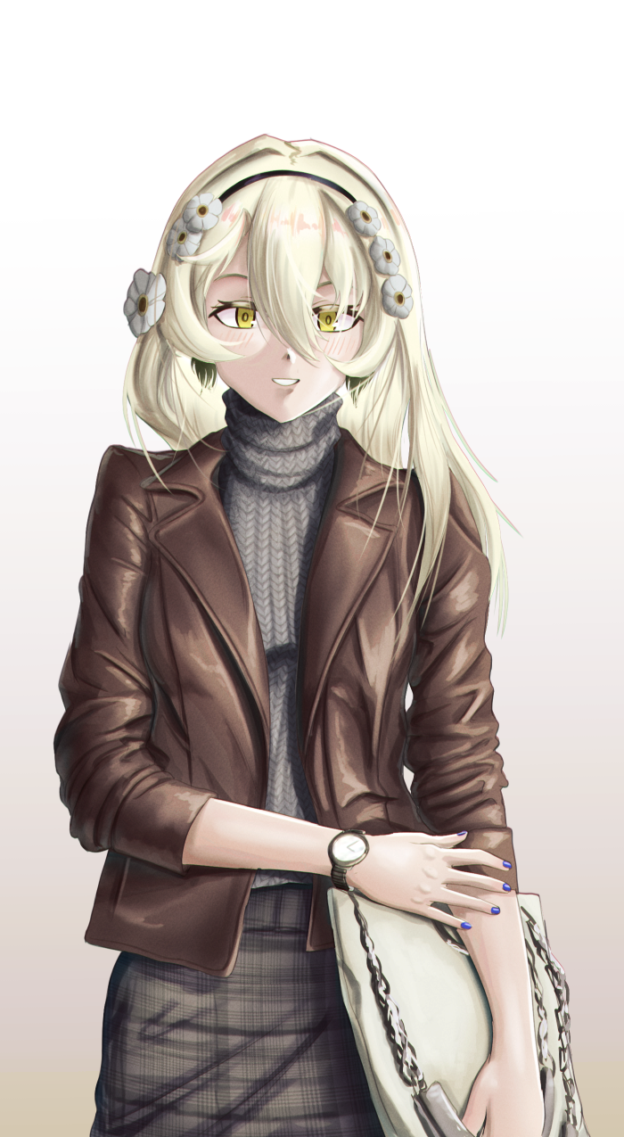1girl, bag, blonde_hair, blue_nails, blush, brown_jacket, casual, eyebrows_visible_through_hair