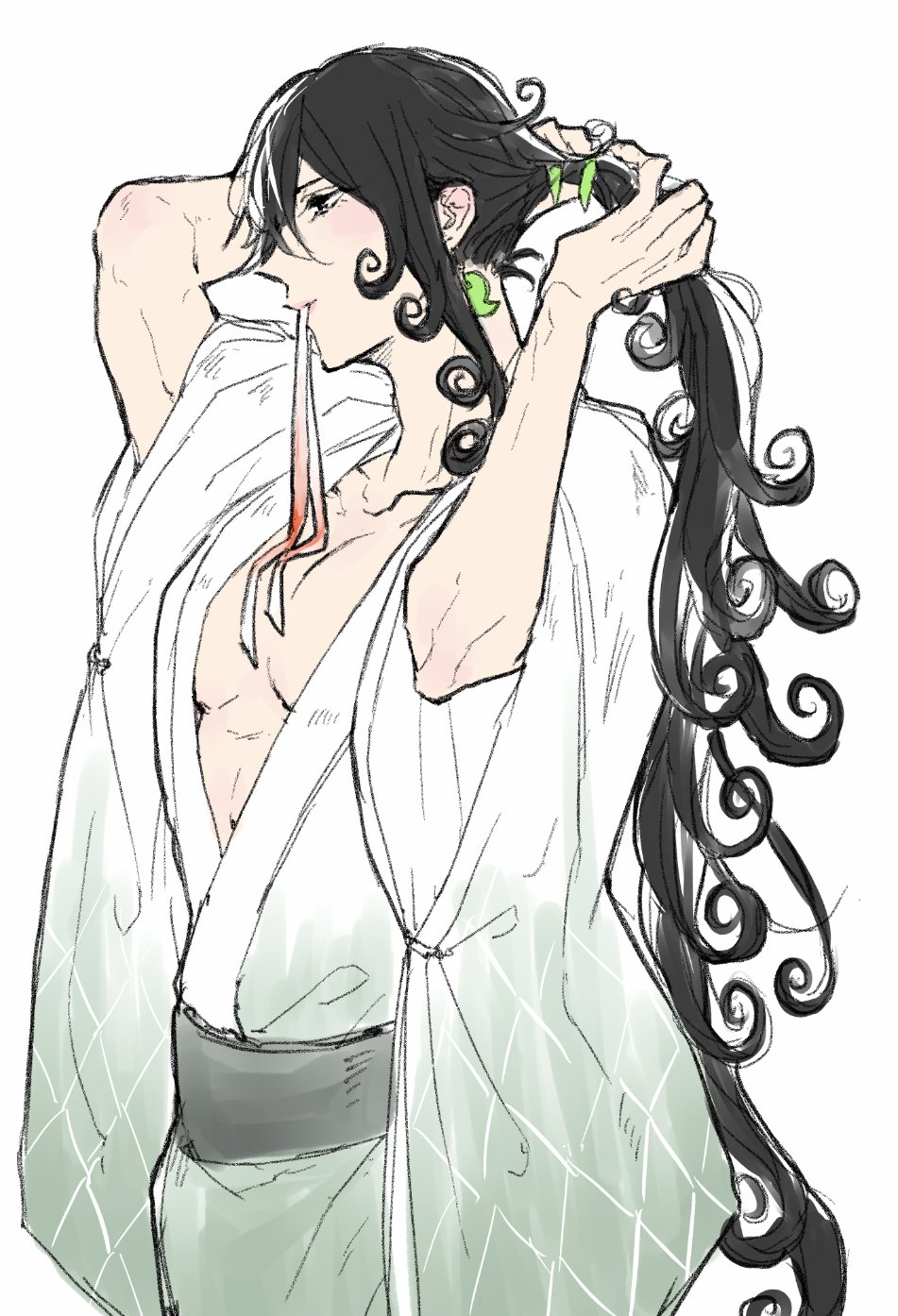 1boy, alternate_costume, alternate_hairstyle, androgynous, ashiya_douman_(fate), asymmetrical_hair, black_eyes, black_hair, collarbone, commentary_request, curly_hair, dressing, eyelashes, eyeshadow, fate/grand_order, fate_(series), fingernails, green_eyeshadow, green_kimono, green_nails, hair_between_eyes, hair_intakes, highres, japanese_clothes, judas_worst, kimono, lips, long_hair, makeup, manboobs, mouth_hold, multicolored_hair, navel, open_clothes, open_kimono, otoko_no_ko, pectorals, pink_lips, ponytail, ribbon, ribbon_in_mouth, sharp_fingernails, toned, toned_male, two-tone_hair, tying_hair, very_long_fingernails, very_long_hair, white_background, white_hair