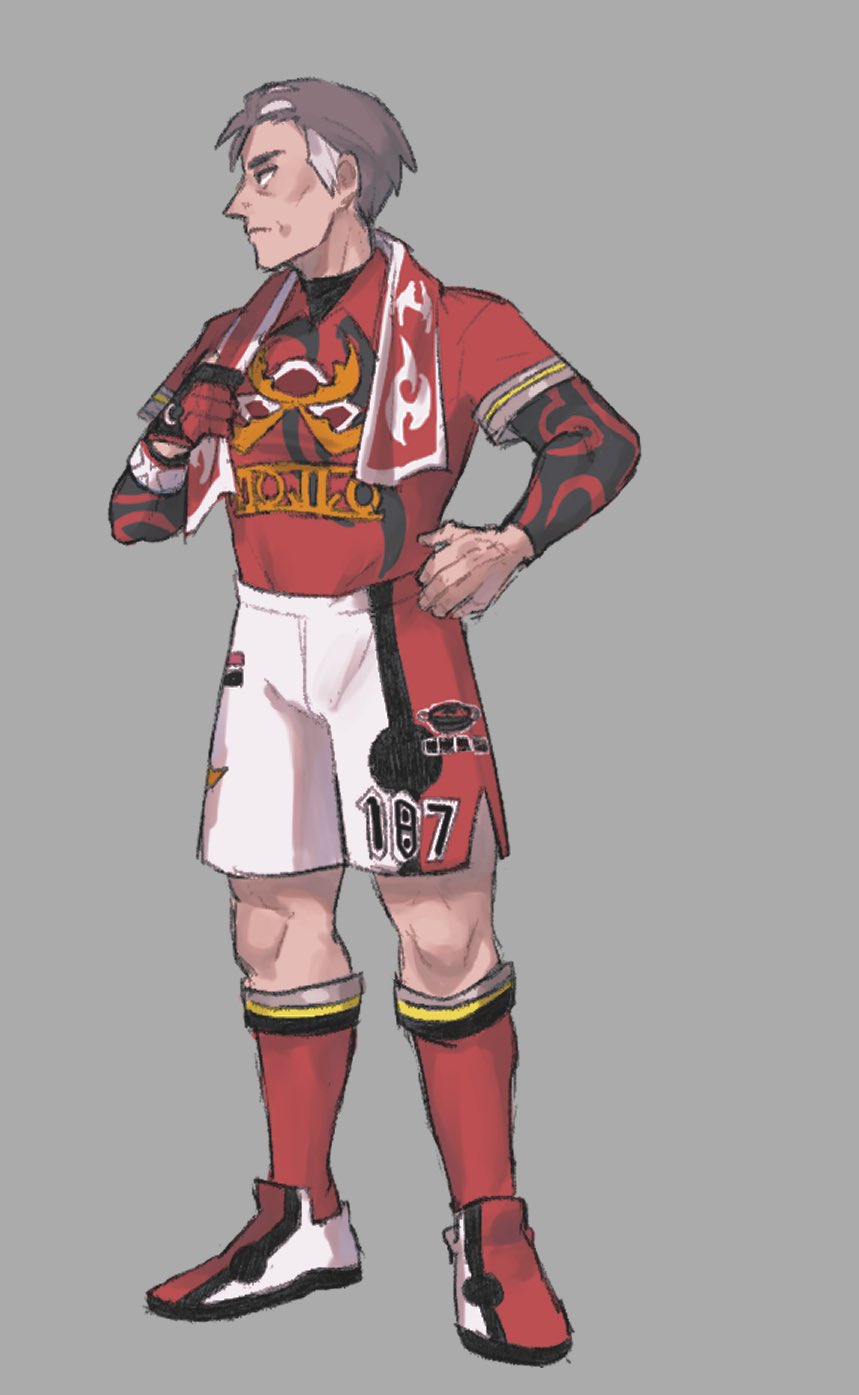 1boy, black_eyes, closed_mouth, collared_shirt, commentary_request, dynamax_band, full_body, gloves