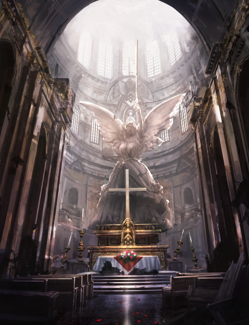 angel_statue, angel_wings, arm_up, building, candle, church, cross, fantasy