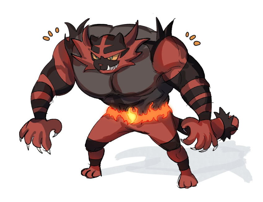 brk_603, claws, colored_sclera, commentary_request, fire, full_body, gen_7_pokemon, green_eyes, hunched_over, incineroar, korean_commentary, orange_sclera, paws, pokemon, pokemon_(creature), sharp_teeth, sketch, smile, solo, standing, teeth, toes