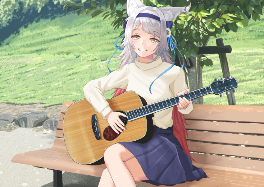 1girl, animal_ears, bangs, bench, commentary_request, crossed_legs, daisy, day