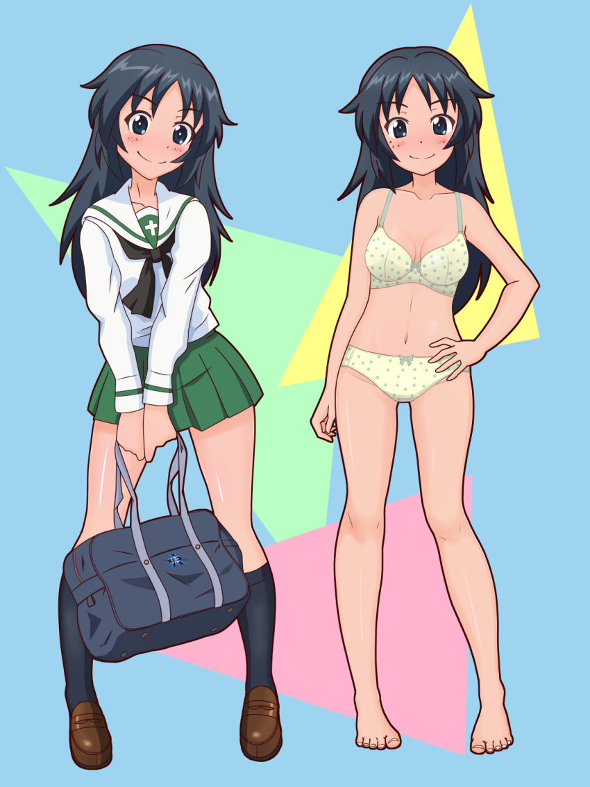 1girl, bag, barefoot, black_legwear, black_neckwear, blouse, blue_background, blue_eyes
