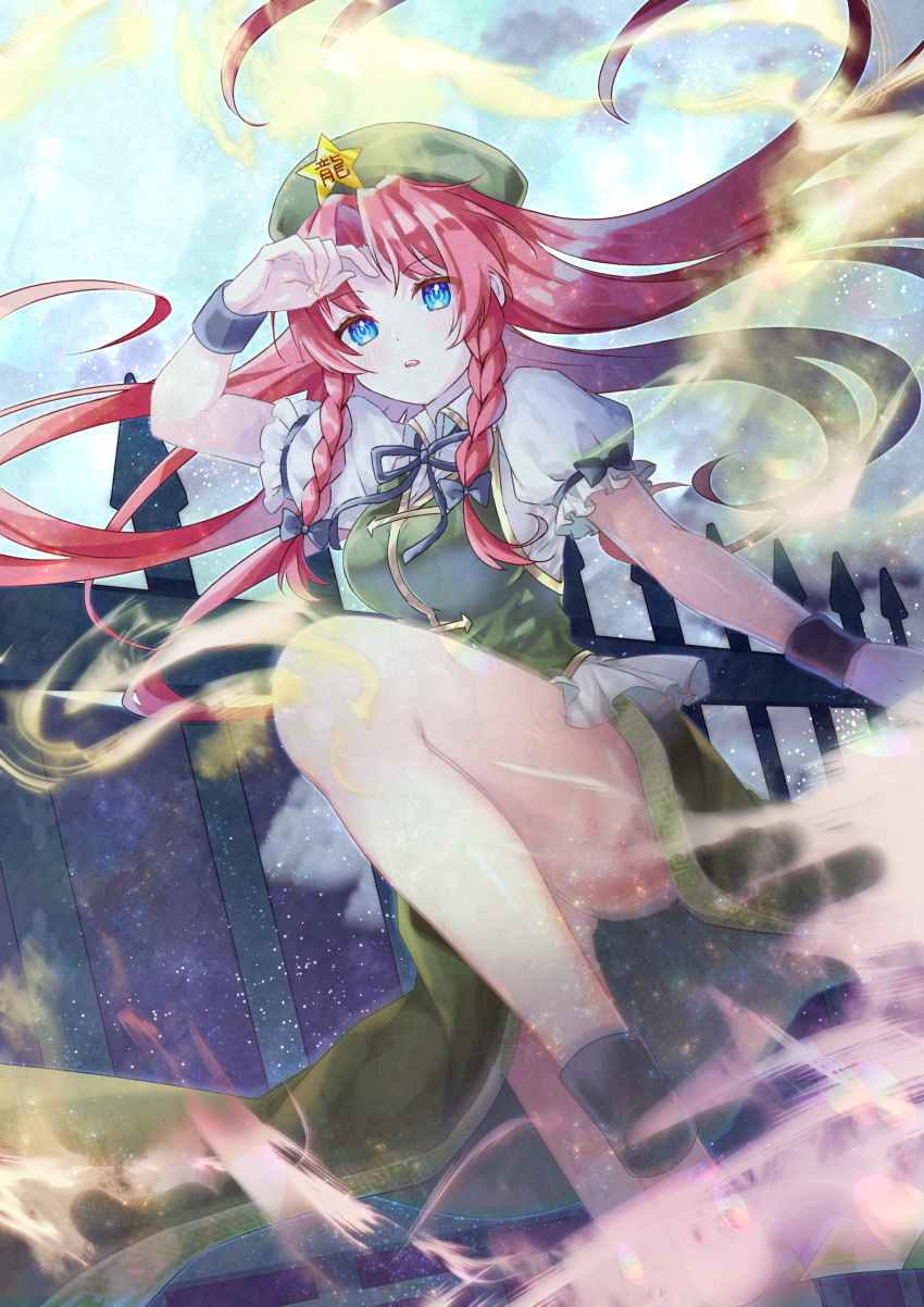 1girl, absurdres, black_bow, blue_eyes, bow, braid, china_dress, chinese_clothes, dress, eyebrows_visible_through_hair, floating_hair, green_dress, green_headwear, hair_bow, hair_intakes, hat_ornament, highres, hn_kiri39, hong_meiling, huge_filesize, leg_up, long_hair, open_mouth, outdoors, redhead, scarlet_devil_mansion, shiny, shiny_hair, shiny_skin, shirt, short_sleeves, side_slit, sleeveless, sleeveless_dress, solo, standing, standing_on_one_leg, star_(symbol), star_hat_ornament, touhou, twin_braids, very_long_hair, white_shirt, wristband