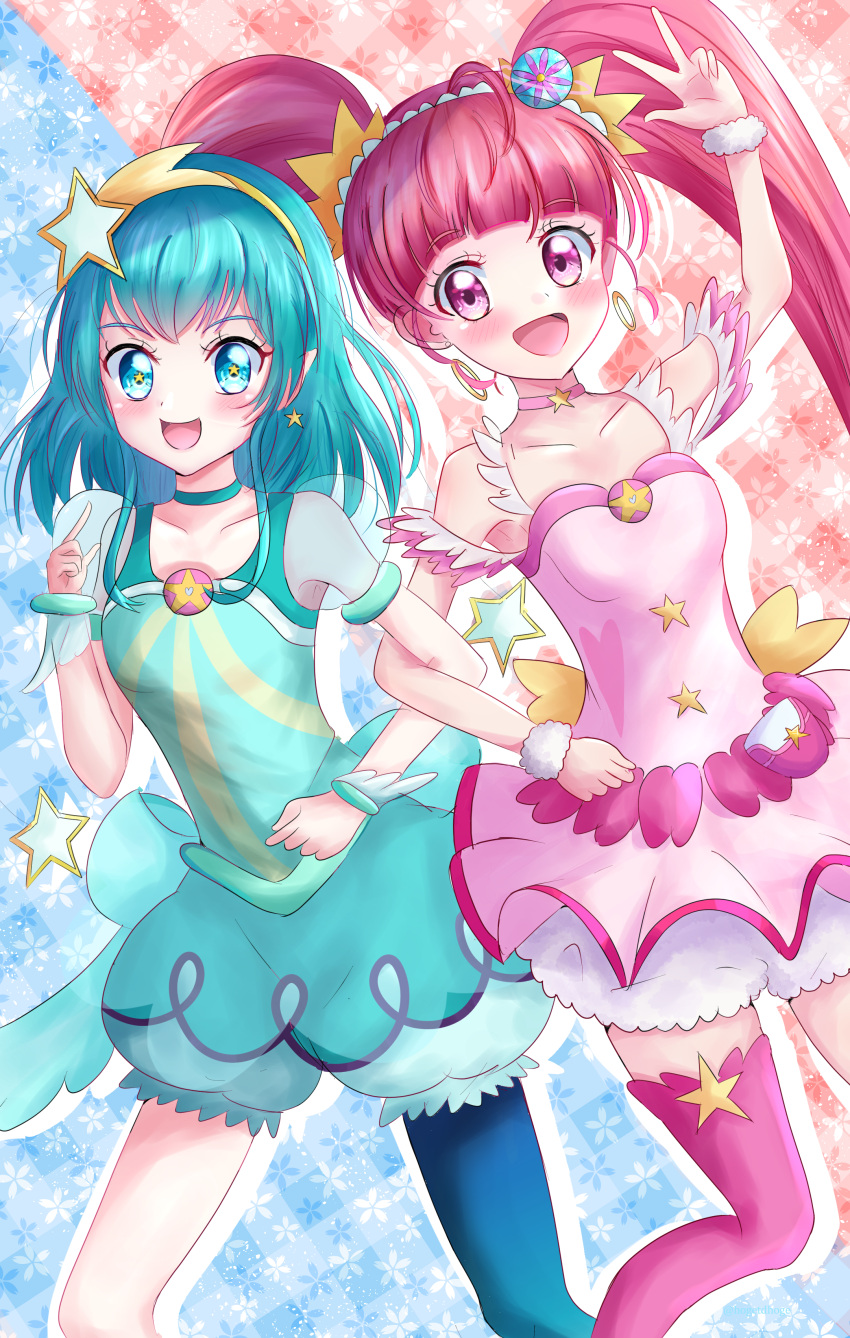 2girls, :d, absurdres, aqua_choker, arm_up, bangs, blue_eyes, blue_hair, blue_legwear, blue_shorts, blunt_bangs, breasts, choker, collarbone, cure_milky, cure_star, dress, floating_hair, hagoromo_lala, hair_ornament, hairband, highres, hogetdhoge, hoshina_hikaru, index_finger_raised, locked_arms, long_hair, looking_at_viewer, multiple_girls, open_mouth, pink_choker, pink_eyes, pink_legwear, pleated_dress, precure, puffy_shorts, redhead, see-through, shiny, shiny_hair, short_dress, short_shorts, short_sleeves, shorts, shorts_under_dress, single_leg_pantyhose, sleeveless, sleeveless_dress, small_breasts, smile, star-shaped_pupils, star_(symbol), star_choker, star_hair_ornament, star_twinkle_precure, symbol-shaped_pupils, thigh-highs, twintails, very_long_hair, w, white_dress, white_shorts, wrist_cuffs, yellow_hairband