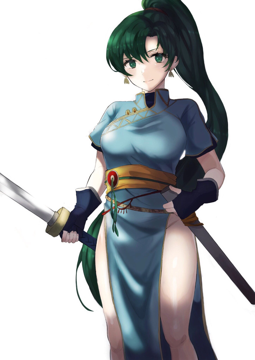 1girl, asymmetrical_bangs, bangs, bare_legs, blue_dress, blue_gloves, breasts, closed_mouth