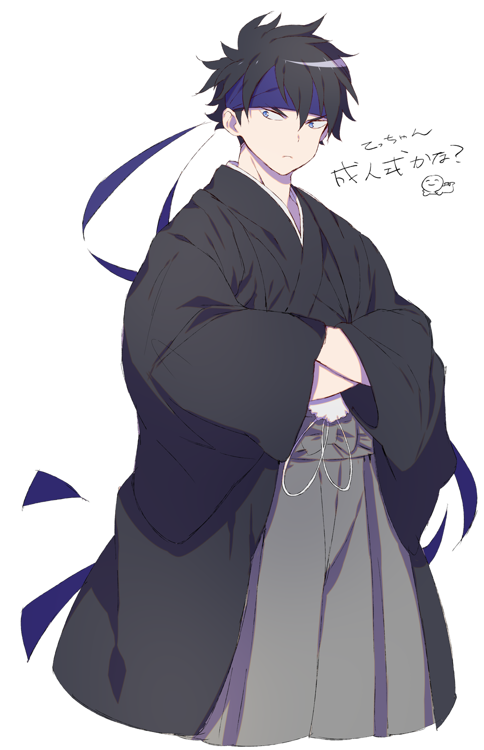 1boy, black_hair, black_kimono, blue_eyes, blue_headband, crossed_arms, frown, grey_hakama, hakama, headband, highres, japanese_clothes, kimono, looking_at_viewer, male_focus, minamino_tetsuo, solo, standing, taiso_samurai, tetsu_(teppei), wide_sleeves