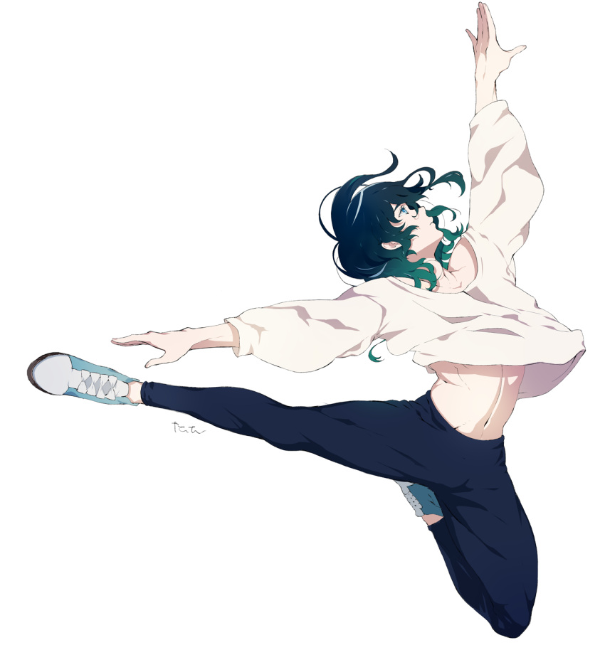 1boy, aqua_hair, arm_up, black_hair, black_pants, blue_eyes, blue_footwear, gradient_hair