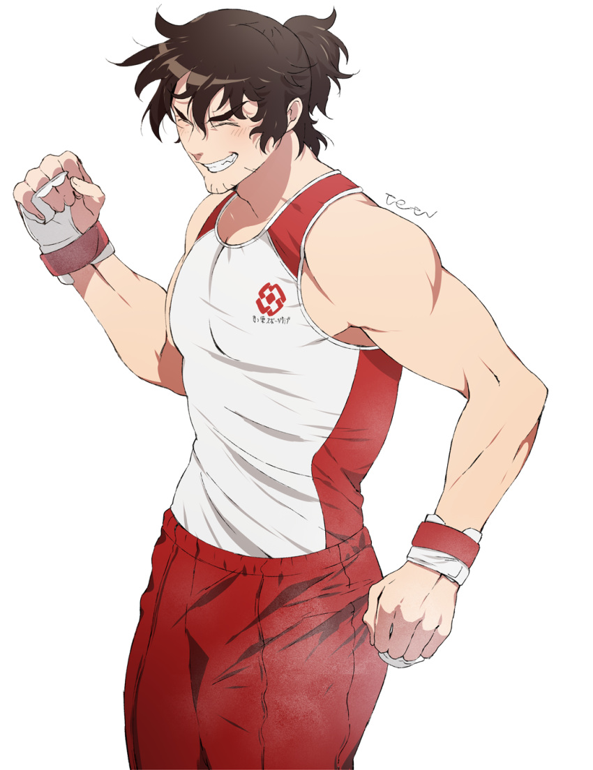1boy, aragaki_jotaro, black_hair, clenched_hand, closed_eyes, facial_hair, gym_uniform, highres