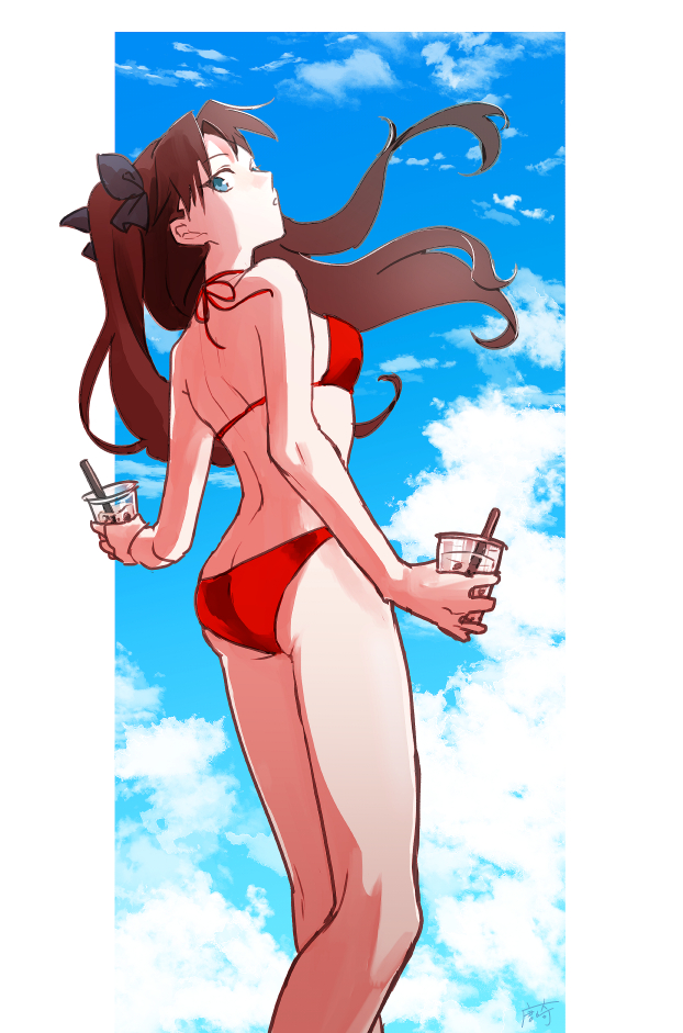 1girl, ass, back, bangs, bare_shoulders, bikini, black_bow, blue_eyes